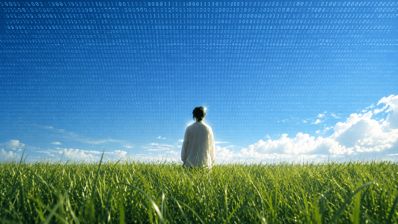A person standing in a field beneath a sky formed from data symbols